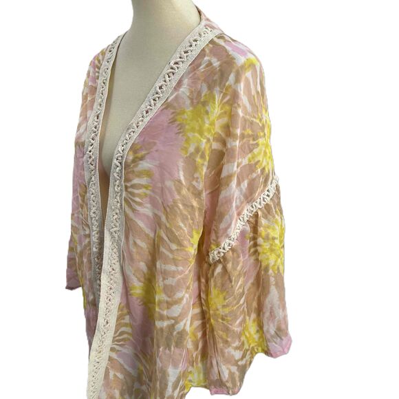 Steve Madden Kimono Pink Yellow Tie Dye Crochet Trim Bell Sleeve One Size New - Picture 2 of 5